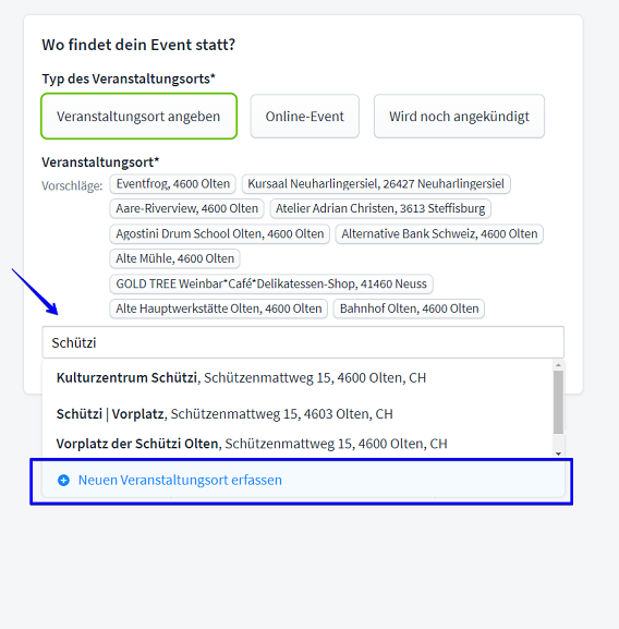 Eventerfassung neue Location